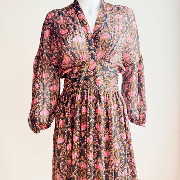 Zara Dark Florals Wrap Long Sleeve Chiffon Maxi Dress S - Picture 3 of 9